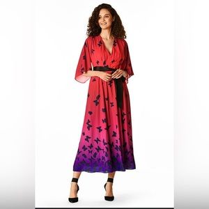 Wayward Fancies eShakti Kimono Sleeve Ombre Butterfly Print Crepe Dress Size 16